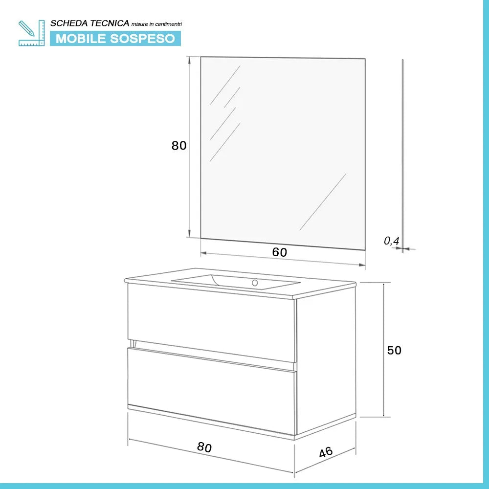 Mobile bagno sospeso 80 rovere naturale completo con 2 cassetti Nadia