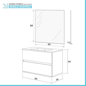 Mobile bagno sospeso 80 rovere naturale completo con 2 cassetti Nadia