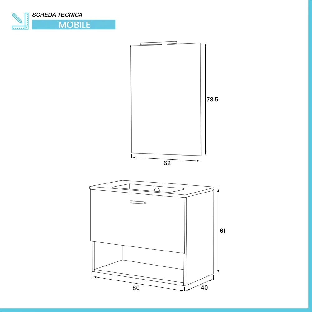 Mobile bagno sospeso 80 rovere tropea con lavabo e specchio LED  Martha