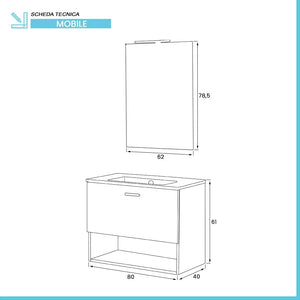 Mobile bagno sospeso 80 rovere tropea con lavabo e specchio LED  Martha