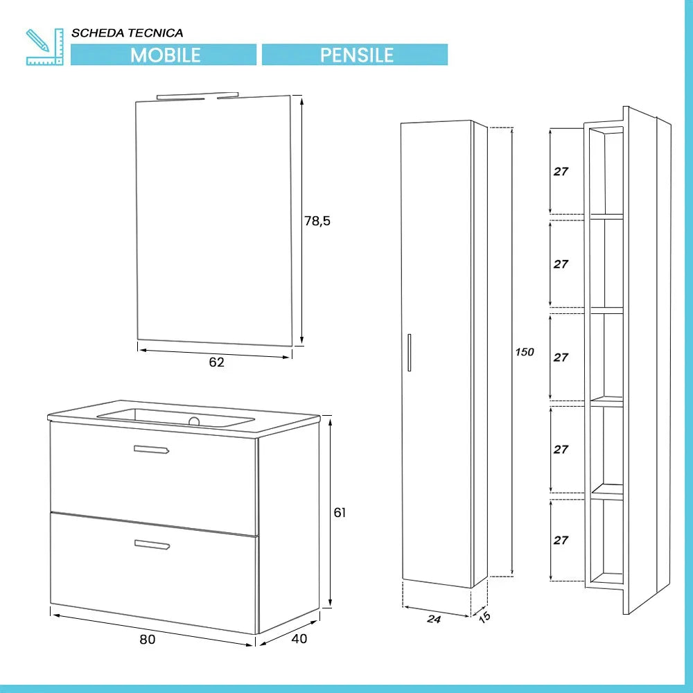 Mobile bagno sospeso 80 rovere tropea con pensile 150  lavabo e specchio  Martha