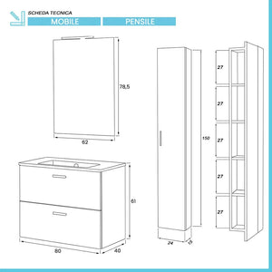 Mobile bagno sospeso 80 rovere tropea con pensile 150  lavabo e specchio  Martha