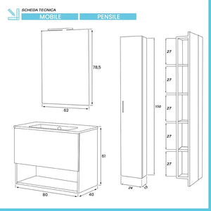 Mobile bagno sospeso 80 rovere tropea con pensile 150 lavabo e specchio  Martha