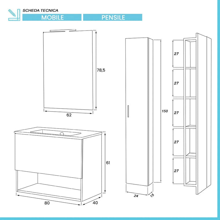 Mobile bagno sospeso 80 rovere tropea con pensile 150 lavabo e specchio  Martha