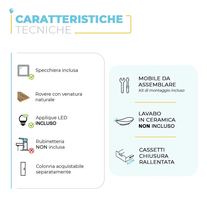 Mobile bagno sospeso 80 Town bianco top rovere fossile per lavabo d'appoggio