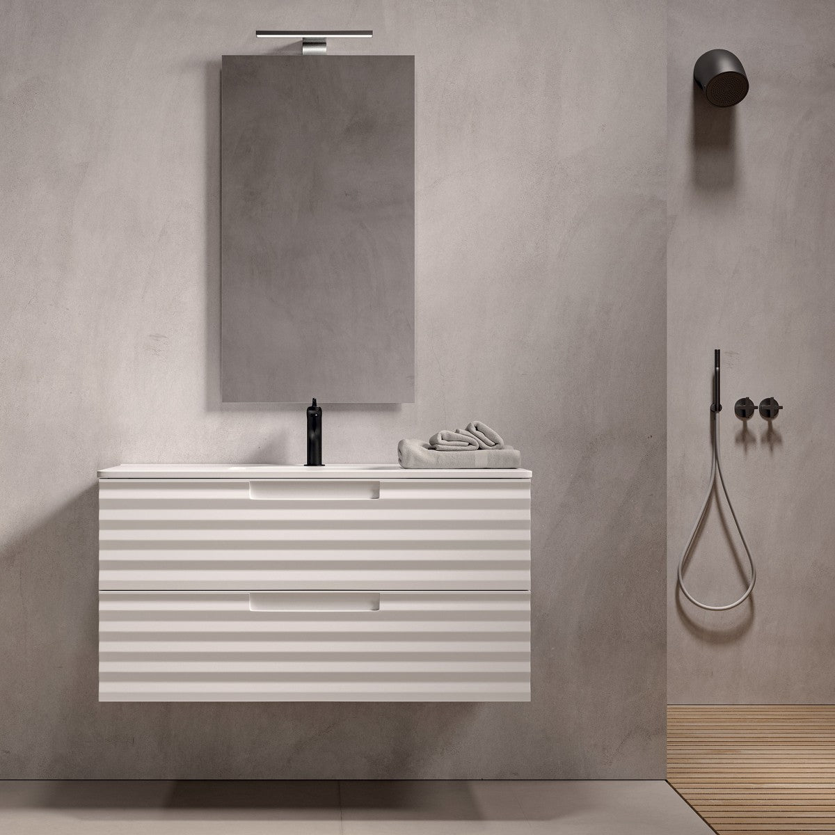 Mobile bagno sospeso 100cm bianco ondulato zen, selezione accessori con specchio