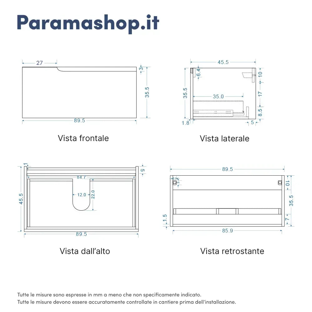 Mobile bagno sospeso 90 cm un cassetto rosa cipria opaco con top | Ardenne