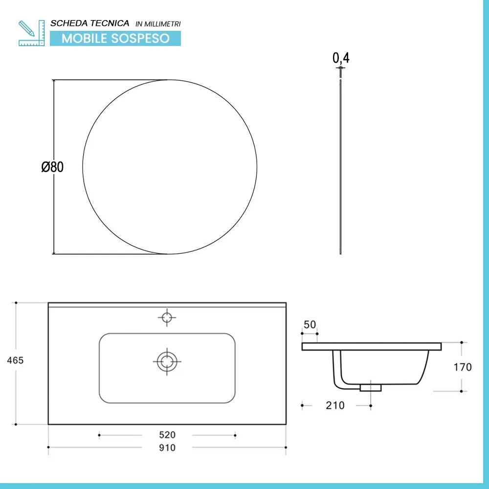 Mobile bagno sospeso 90 cm bianco lucido con specchio e lavabo Gaya