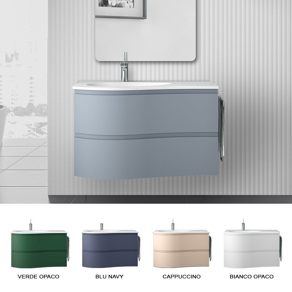 Mobile bagno sospeso 90 cm Melody azzurro polvere con vasca a sinistra