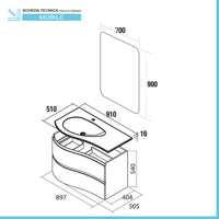 Mobile bagno sospeso 90 cm Melody azzurro polvere con vasca a sinistra