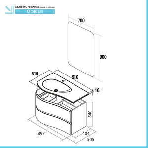 Mobile bagno sospeso 90 cm Melody azzurro polvere con vasca a sinistra