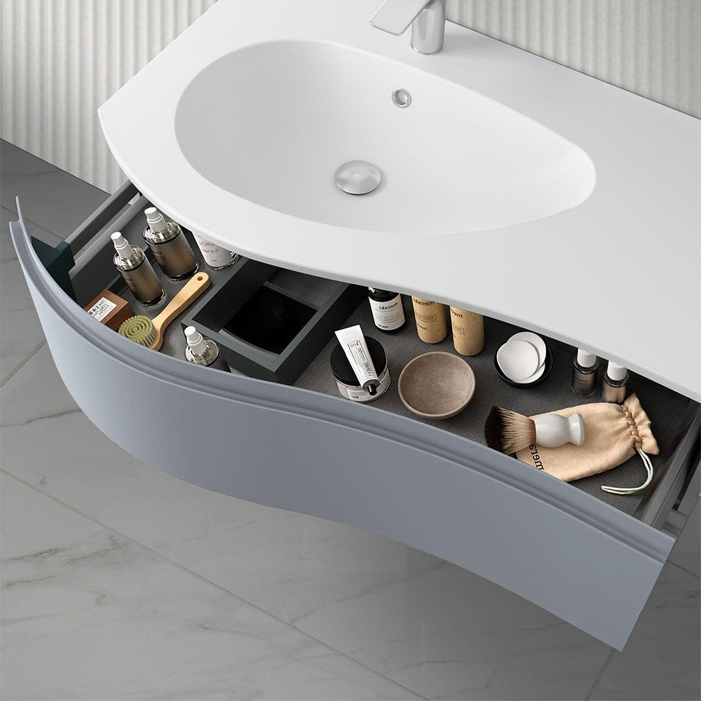 Mobile bagno sospeso 90 cm Melody azzurro polvere con vasca a sinistra