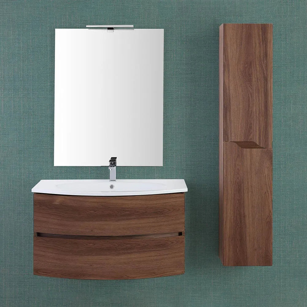 Mobile bagno sospeso 90 noce con lavabo e specchio 70x90 cm Maiori
