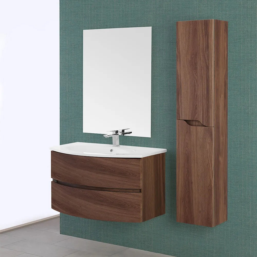 Mobile bagno sospeso 90 noce con lavabo e specchio 70x90 cm Maiori
