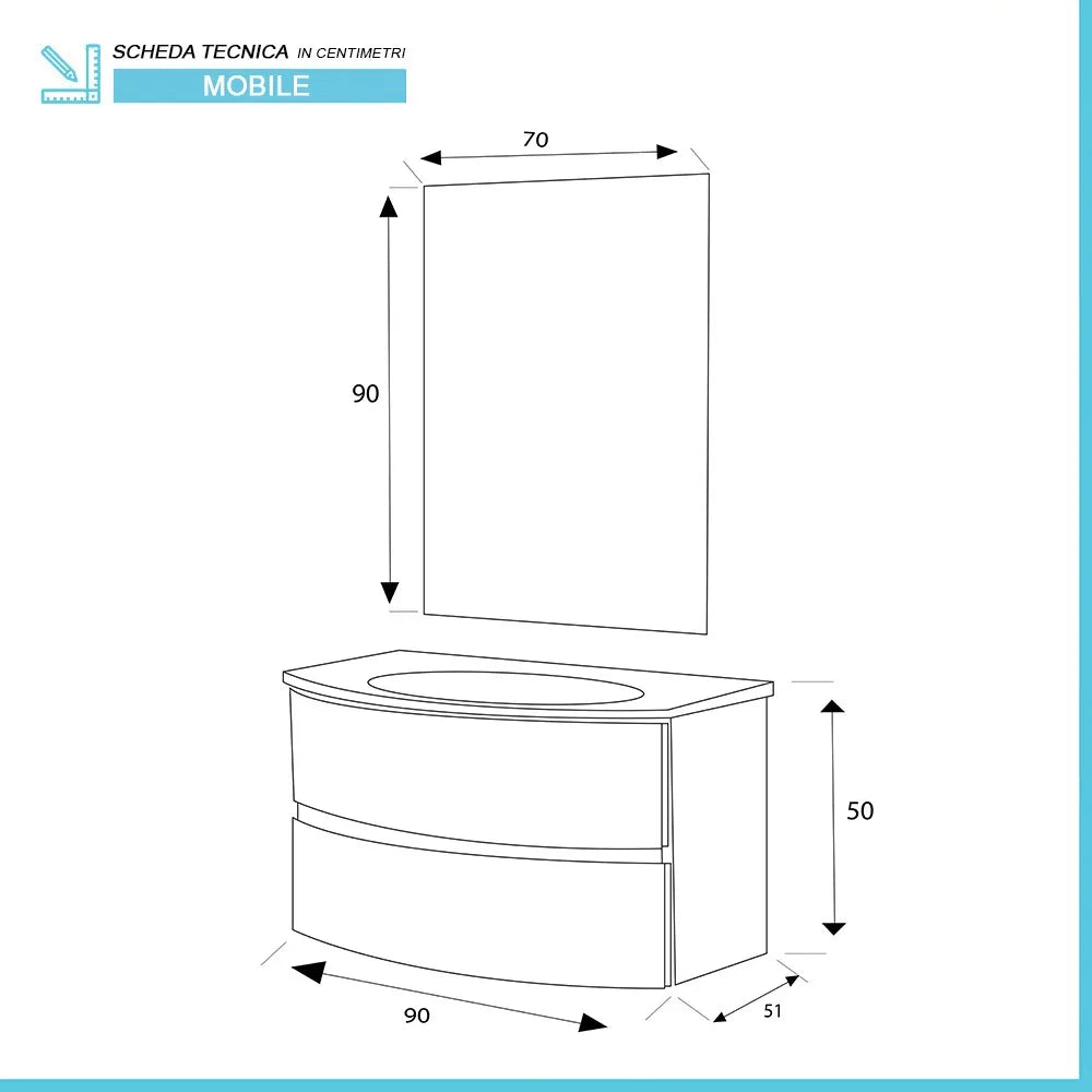 Mobile bagno sospeso 90 noce con lavabo e specchio 70x90 cm Maiori