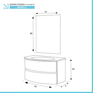 Mobile bagno sospeso 90 noce con lavabo e specchio 70x90 cm Maiori