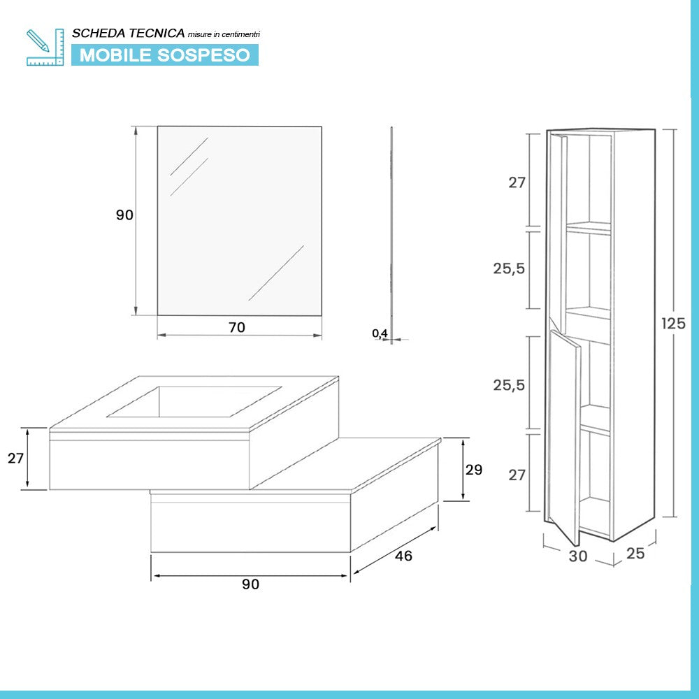 Mobile bagno sospeso 90 rovere bianco con 2 cassetti e pensile Nadia