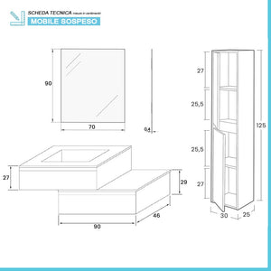 Mobile bagno sospeso 90 rovere bianco con 2 cassetti e pensile Nadia