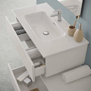 Mobile bagno sospeso 90 rovere bianco con 2 cassetti e pensile Nadia