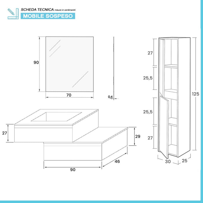 Mobile bagno sospeso 90 rovere naturale con 2 cassetti e pensile Nadia