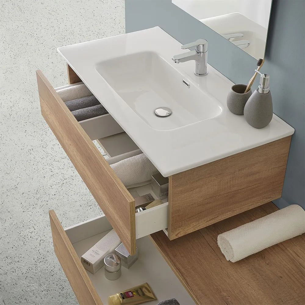 Mobile bagno sospeso 90 rovere naturale con base lavabo e cassetto Nadia