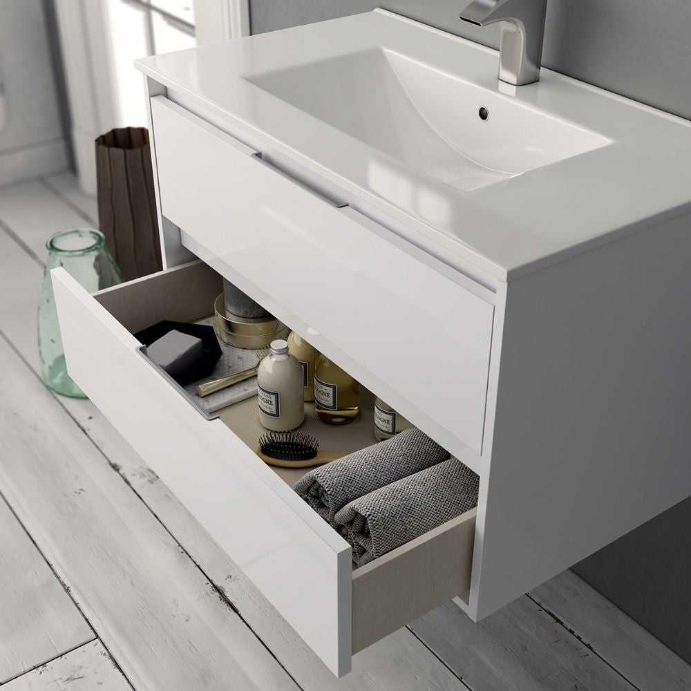 Mobile bagno sospeso Bolton colore bianco laccato lucido 60x45x48H 2 cassetti: design moderno e funzionalità