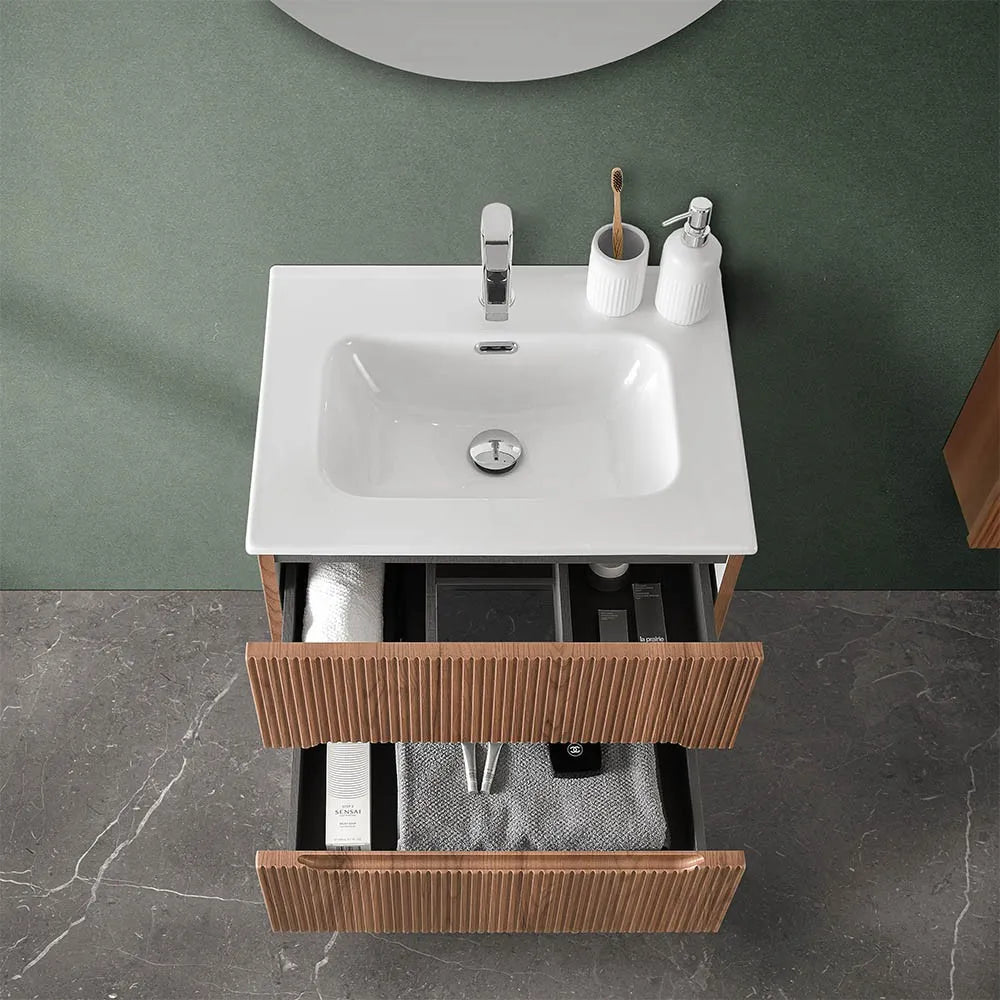 Mobile bagno sospeso cannettato 60 cm noce canaletto con lavabo  Bali