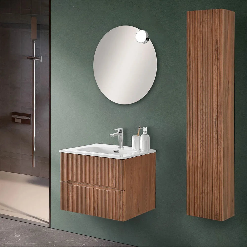 Mobile bagno sospeso cannettato 60 cm noce canaletto con lavabo  Bali