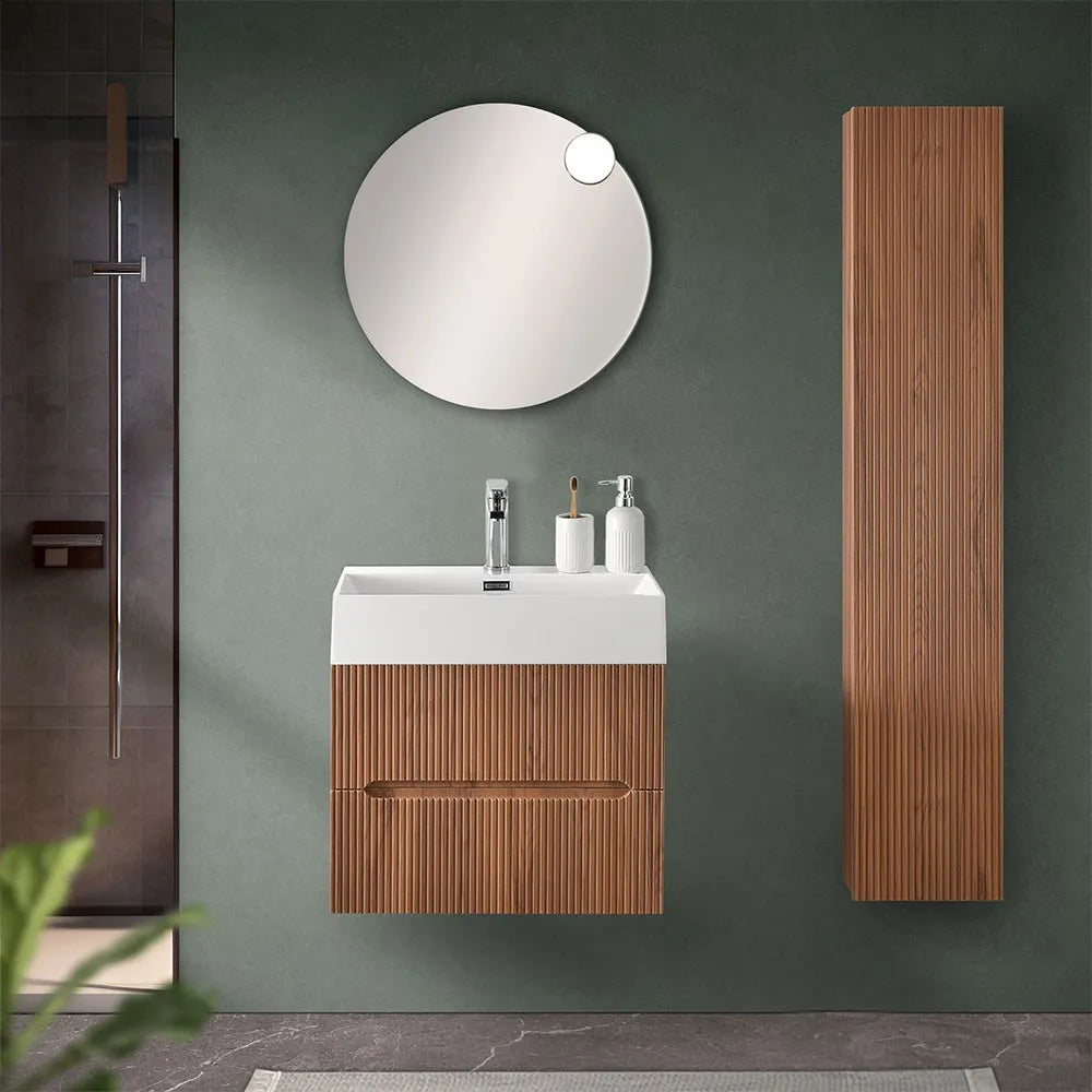 Mobile bagno sospeso cannettato 60 cm noce canaletto con specchio  Bali