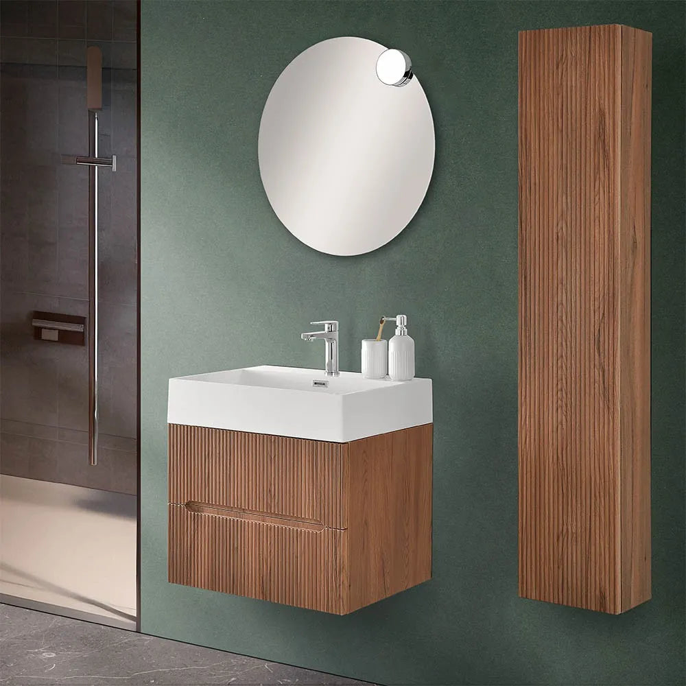 Mobile bagno sospeso cannettato 60 cm noce canaletto con specchio  Bali