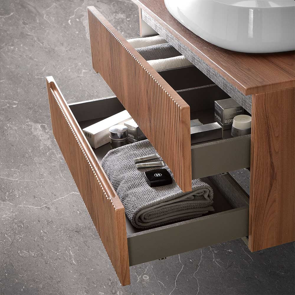 Mobile bagno sospeso cannettato 60 cm noce con top e specchio  Bali