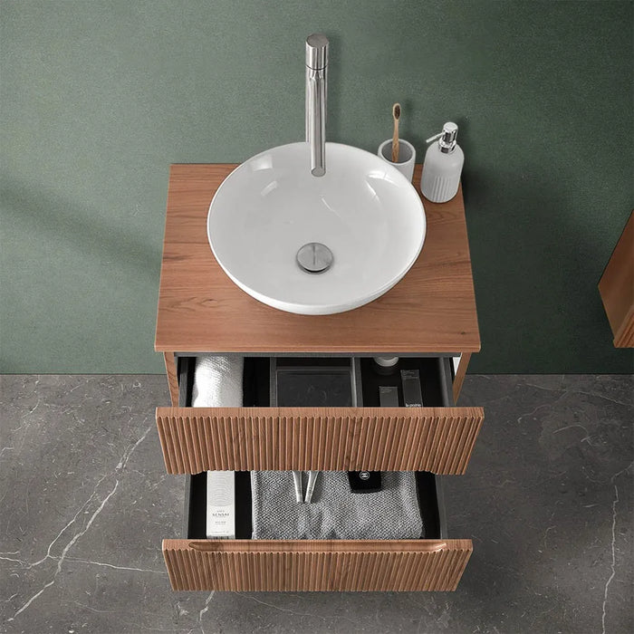 Mobile bagno sospeso cannettato 60 cm noce con top e specchio  Bali