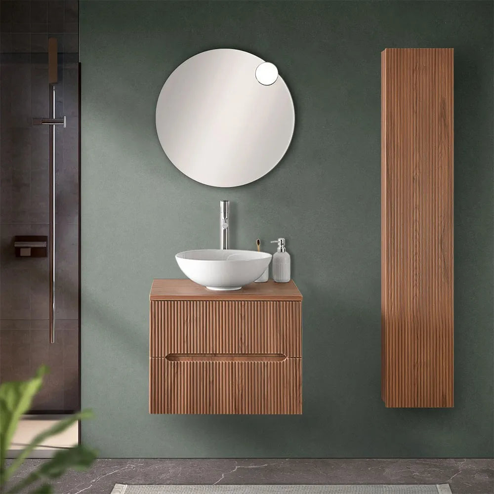 Mobile bagno sospeso cannettato 60 cm noce con top e specchio  Bali