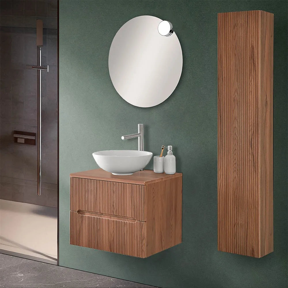 Mobile bagno sospeso cannettato 60 cm noce con top e specchio  Bali