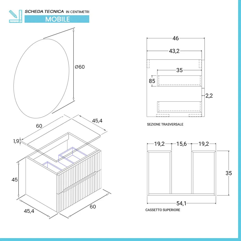 Mobile bagno sospeso cannettato 60 cm sabbiato con top e specchio  Bali