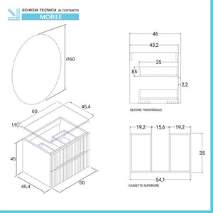 Mobile bagno sospeso cannettato 60 cm sabbiato con top e specchio  Bali