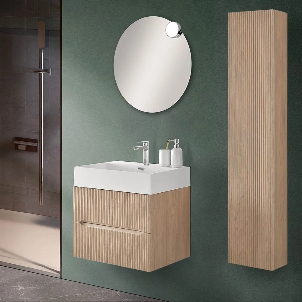 Mobile bagno sospeso cannettato 60 cm teak sabbiato con specchio  Bali