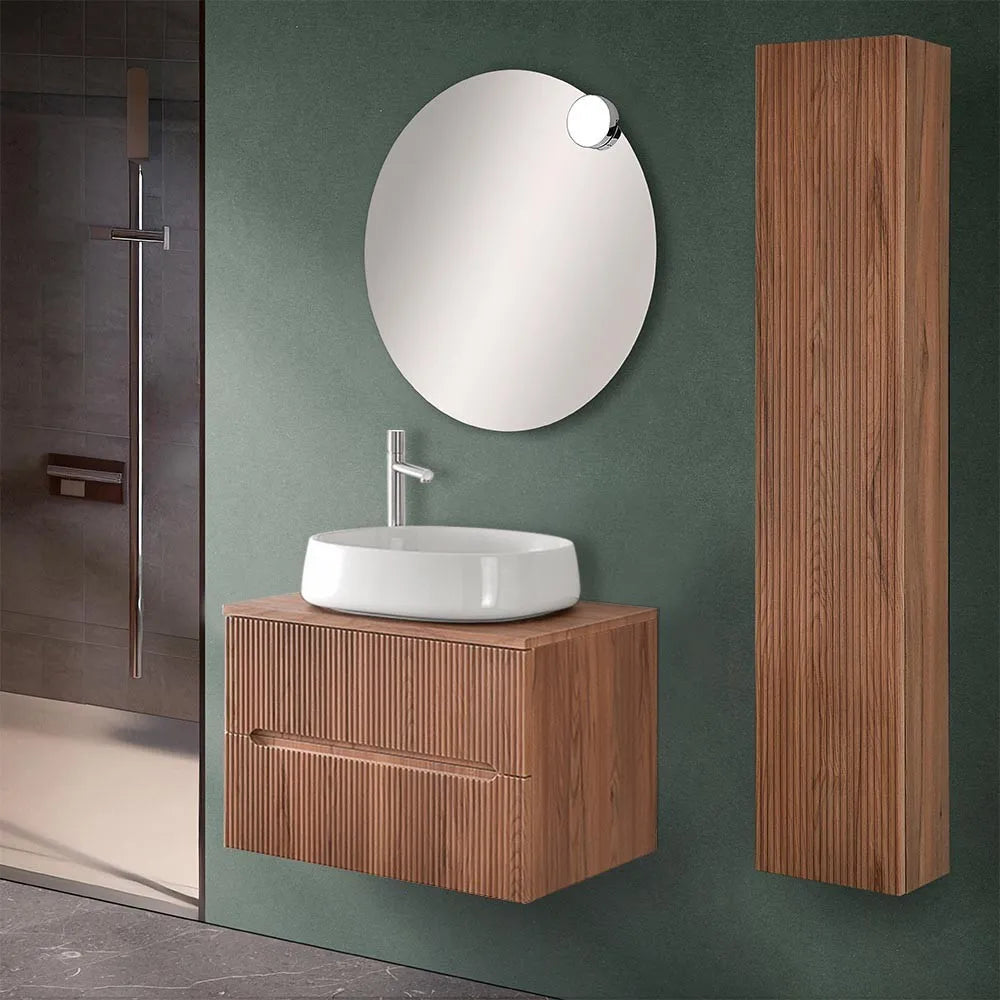 Mobile bagno sospeso cannettato 70 cm noce con top e specchio  Bali