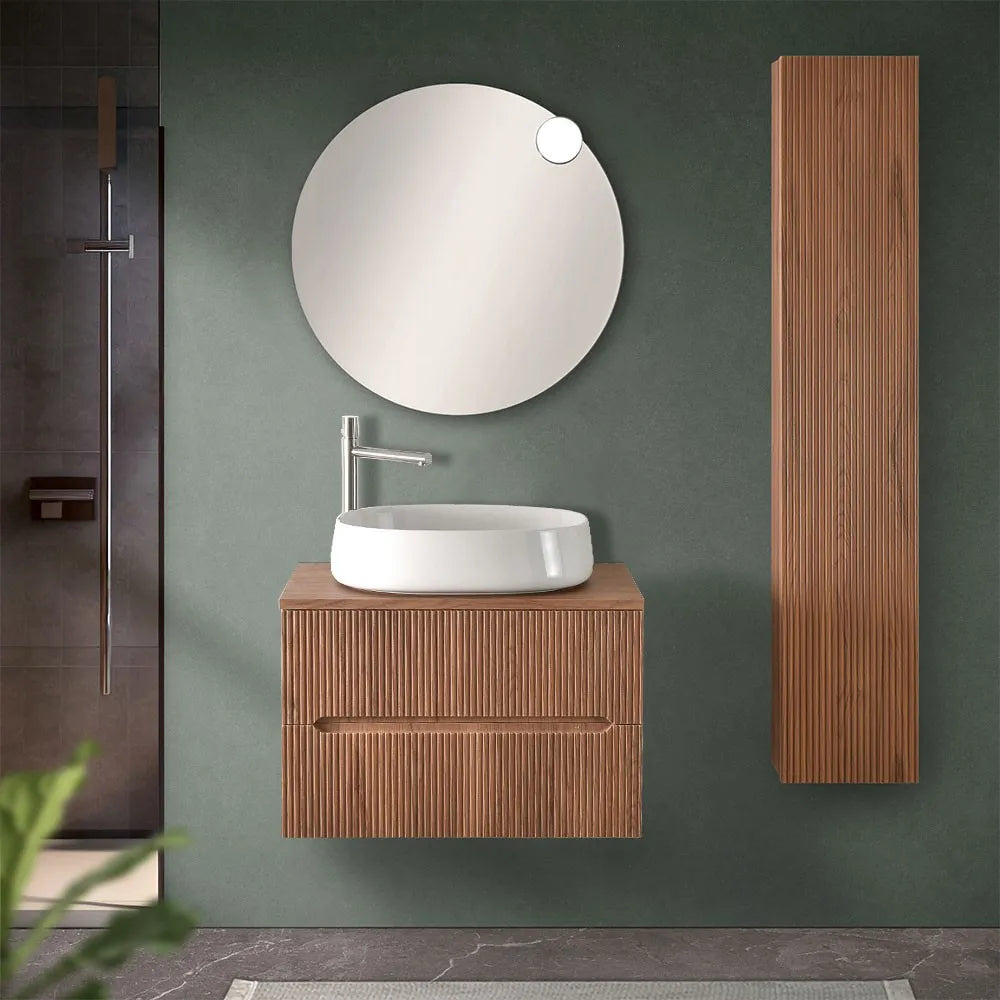 Mobile bagno sospeso cannettato 70 cm noce con top e specchio  Bali