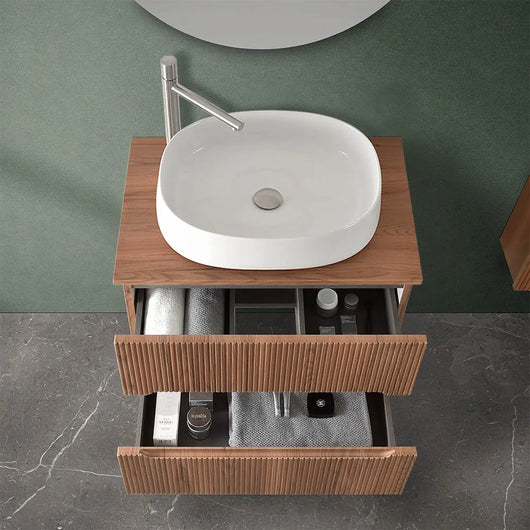 Mobile bagno sospeso cannettato 70 cm noce con top e specchio  Bali