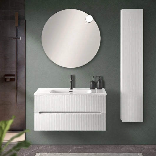 Mobile bagno sospeso cannettato 90 cm bianco opaco con specchio  Bali