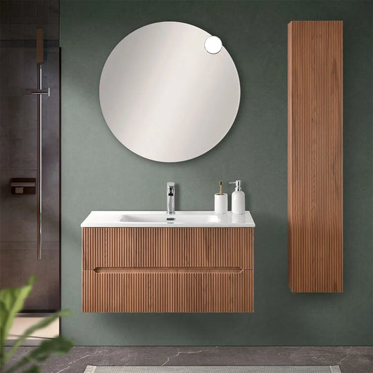 Mobile bagno sospeso cannettato 90 cm noce canaletto con specchio  Bali