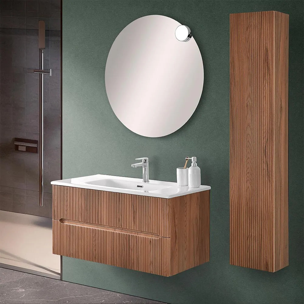 Mobile bagno sospeso cannettato 90 cm noce canaletto con specchio  Bali