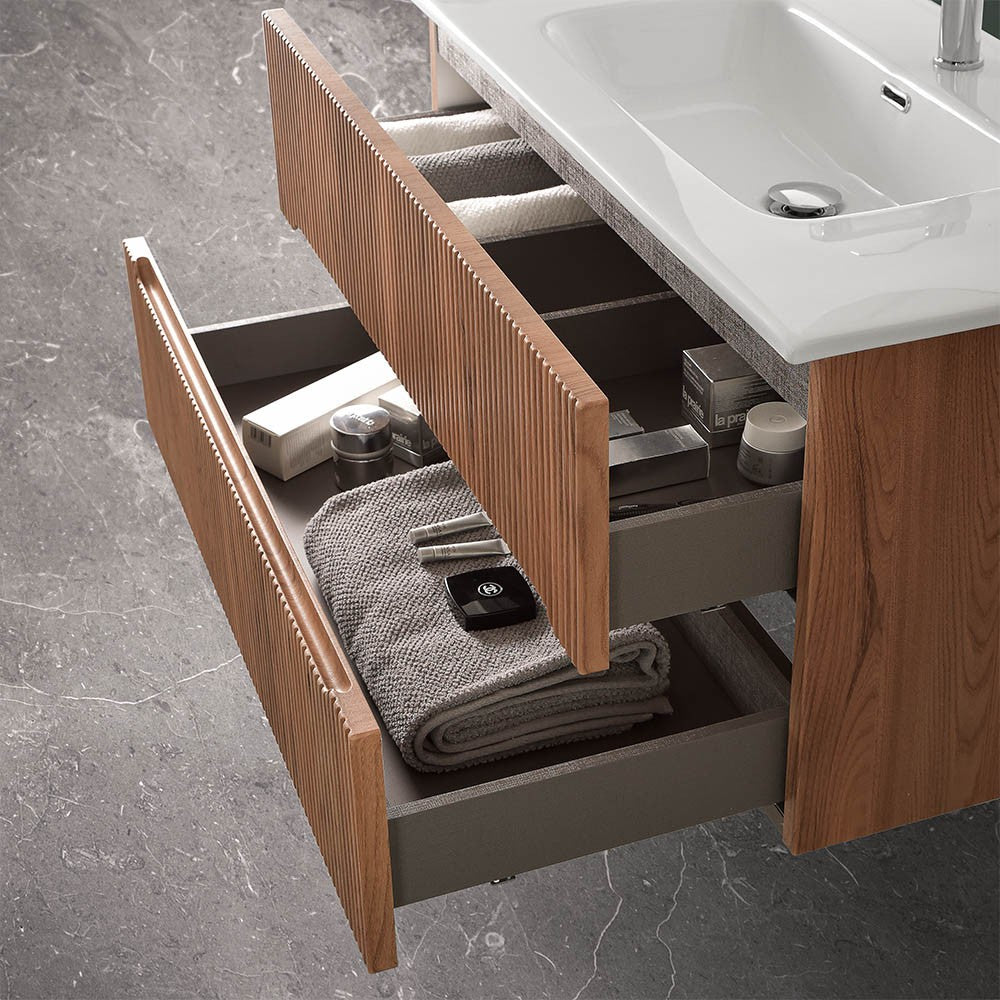 Mobile bagno sospeso cannettato 90 cm noce canaletto con specchio  Bali