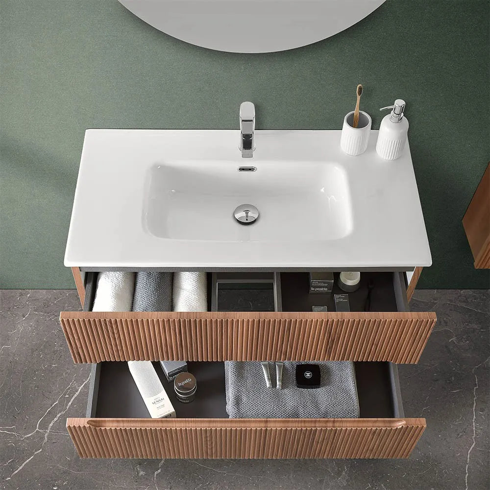 Mobile bagno sospeso cannettato 90 cm noce canaletto con specchio  Bali