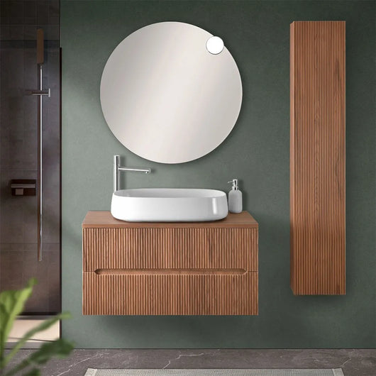 Mobile bagno sospeso cannettato 90 cm noce con top e specchio  Bali