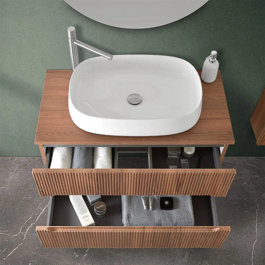 Mobile bagno sospeso cannettato 90 cm noce con top e specchio  Bali