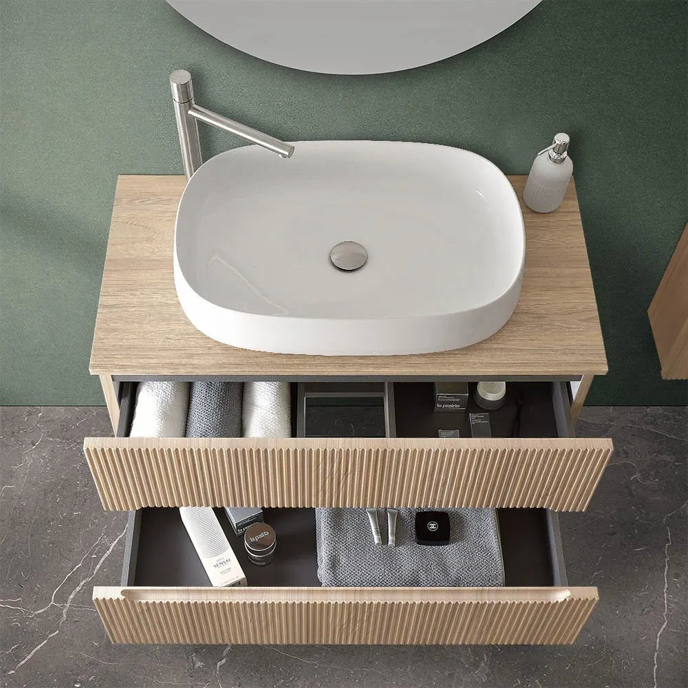 Mobile bagno sospeso cannettato 90 cm sabbiato con top e specchio  Bali