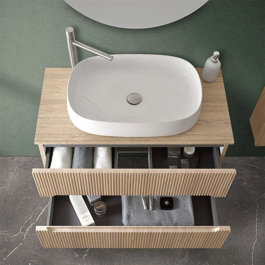 Mobile bagno sospeso cannettato 90 cm sabbiato con top e specchio  Bali