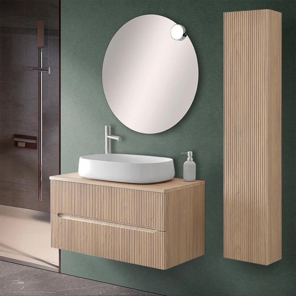 Mobile bagno sospeso cannettato 90 cm sabbiato con top e specchio  Bali